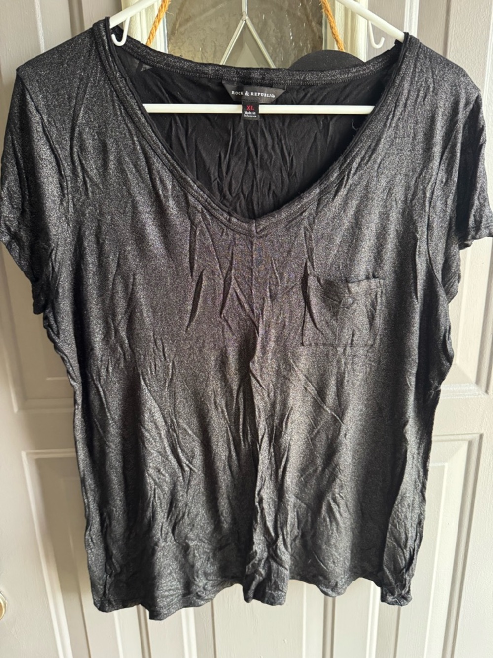 Rock & Republic Metallic Black V-Neck Pocket Tee